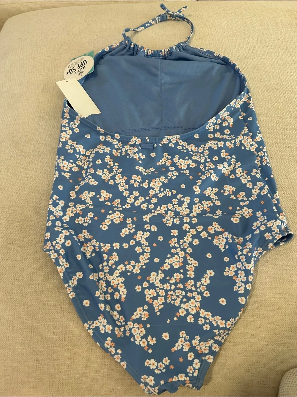 Roxy Big Girls Floral Print Halter One-Piece Swimsuit, Blue Flowers Size 16, NWT